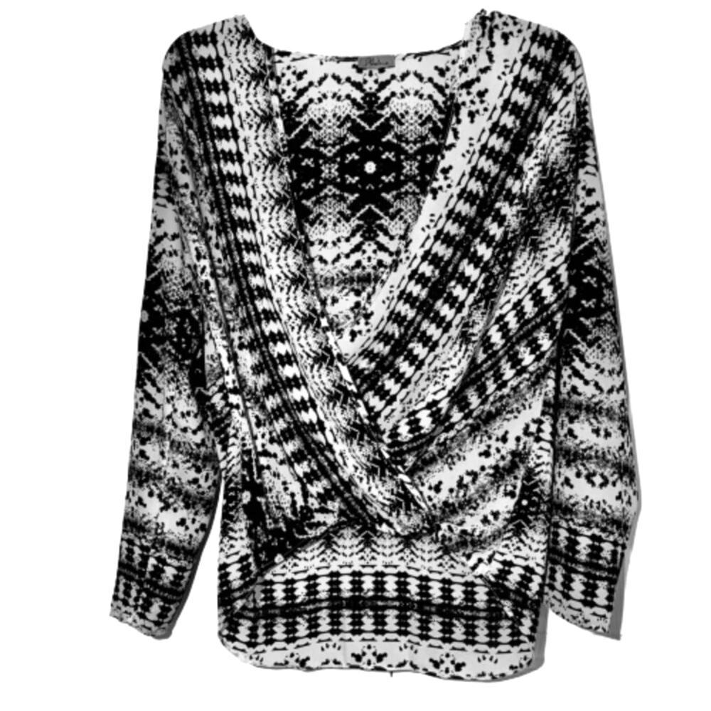 Abbeline Blouse Top Black White Print Long Sleeve Surplice Front Blouse Small